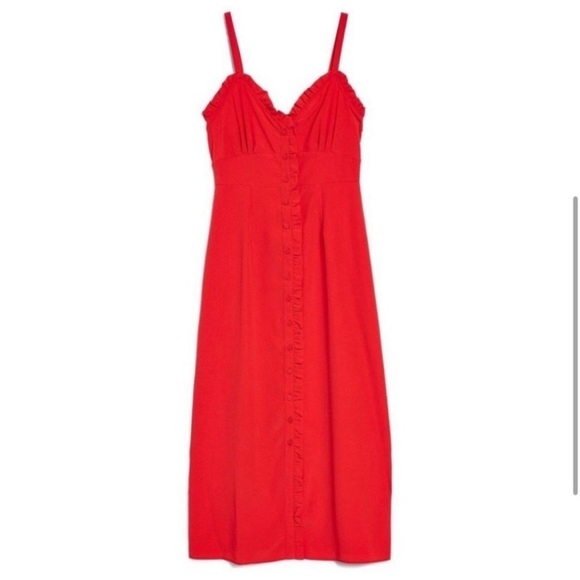 NWT TOPSHOP Red Button Down Ruffle Hem Midi Dress Women’s 2 Sundress Valentines - Picture 2 of 10